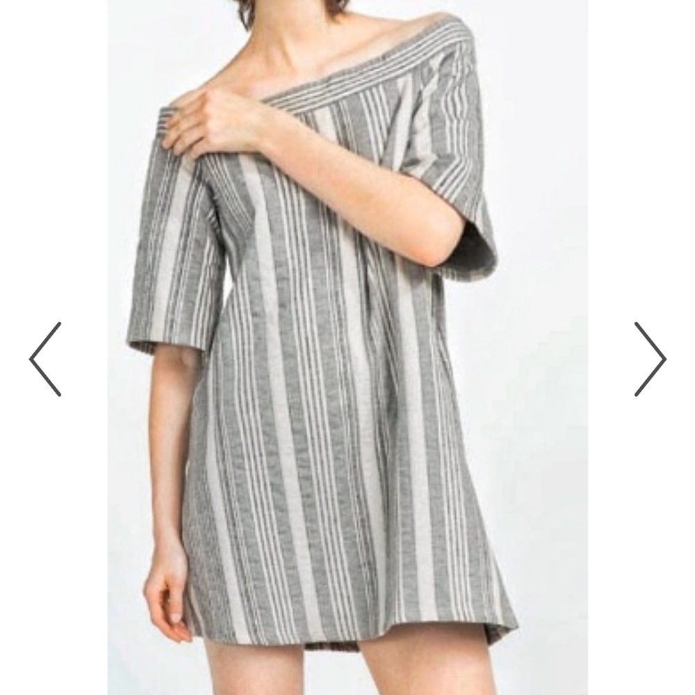 Zara Vertical Striped Off The Shoulder Short Sleeve Mini Dress Size S
